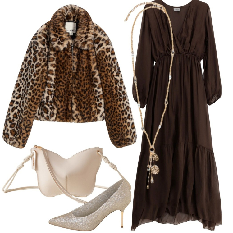 Outfit donna - Variazioni cioccolato. Stile Glamour per Serata fuori. Abbinamento con ecopellicce, vestiti lunghi, borse a tracolla, décolleté, ciondoli.
