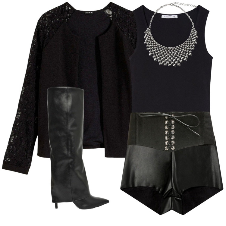 Outfit donna - Dark night. Stile Casual chic per Serata fuori. Abbinamento con blazer, cinture, stivali, top, shorts, collane.
