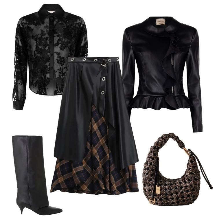 Outfit donna - Halloween mix dark chic. Stile Chic per Serata fuori. Abbinamento con blazer, camicie, gonne lunghe, stivali, borse a mano.