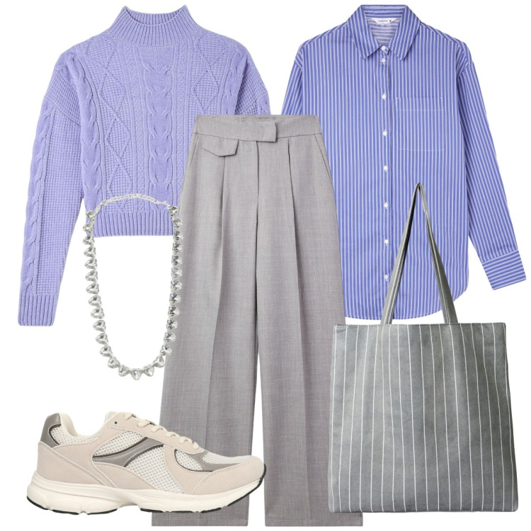 Outfit donna - Investi nel colore Ametista. Stile Sporty chic per Tutti i giorni. Abbinamento con pantaloni, sneakers, maglieria, collane, shopping bag, camicie.