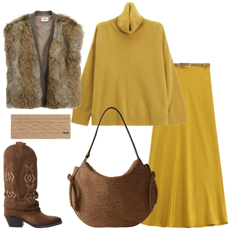 Outfit donna - Total look #2269147. Stile Casual chic per Tutti i giorni. Abbinamento con gonne lunghe, maglieria, stivali, cappotti, accessori per capelli, borse a spalla.