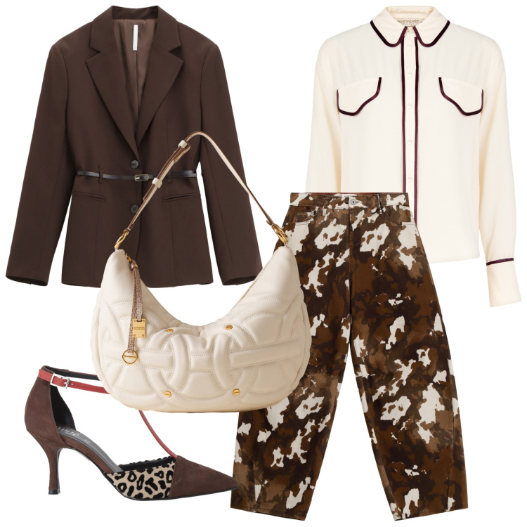Outfit donna - Cioccolato bianco e al latte. Stile Casual chic per Serata fuori. Abbinamento con camicie, pantaloni a palazzo, blazer, décolleté, borse a spalla.