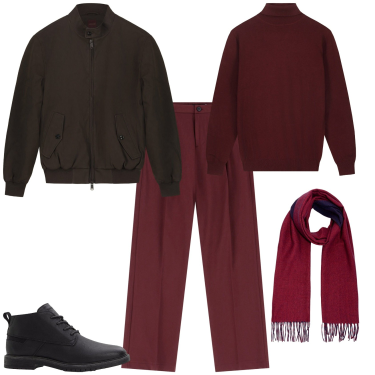 Outfit uomo - Total look #2269149. Stile Trendy per Tutti i giorni. Abbinamento con stivali e stivaletti, pantaloni, maglieria, sciarpe, bomber.