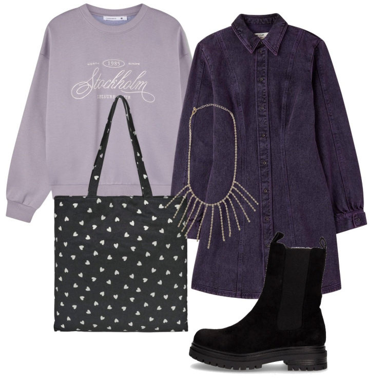 Outfit donna - Glamour anche di giorno!. Stile Glamour per Tutti i giorni. Abbinamento con felpe, borse tote, vestiti chemisier, collane, stivaletti chelsea.