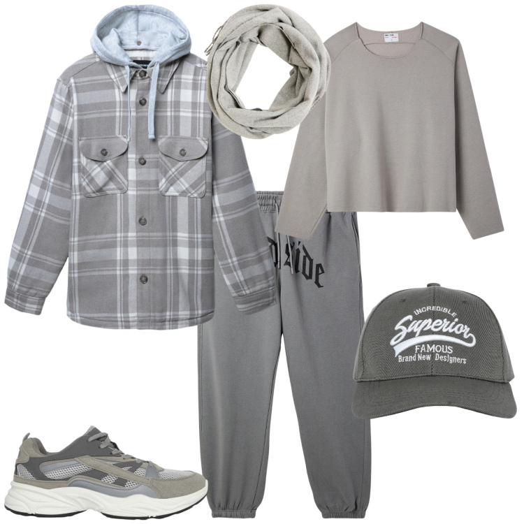Outfit uomo - Total look #2269152. Stile Urban per Tutti i giorni. Abbinamento con cappotti, sciarpe, pantaloni, cappelli con visiera, sneakers, felpe.
