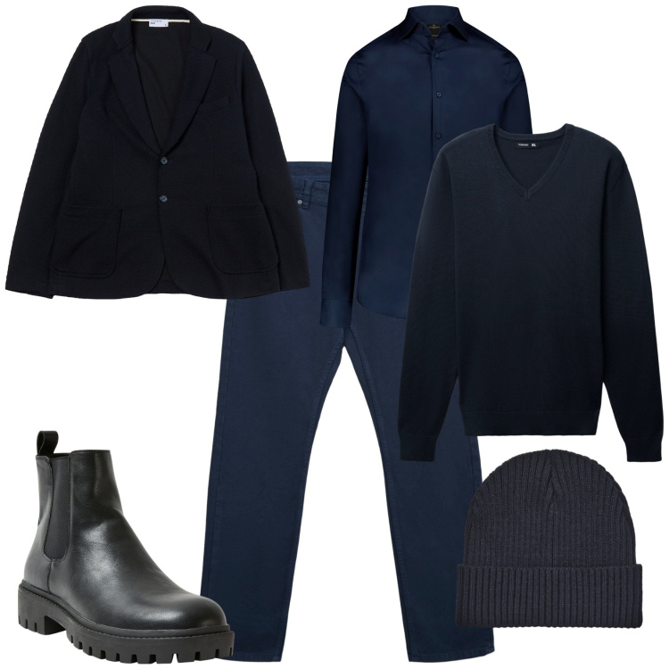 Outfit uomo - Total look #2269153. Stile Trendy per Tutti i giorni. Abbinamento con stivali e stivaletti, giacche, jeans dritti, berretti, maglieria, camicie.