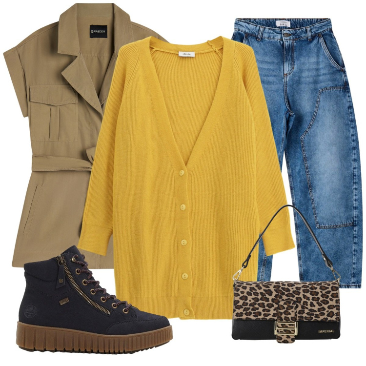Outfit donna - Cardigan senape. Stile Casual per Tutti i giorni. Abbinamento con sneakers alte, jeans dritti, cardigans, borse a spalla, trench.