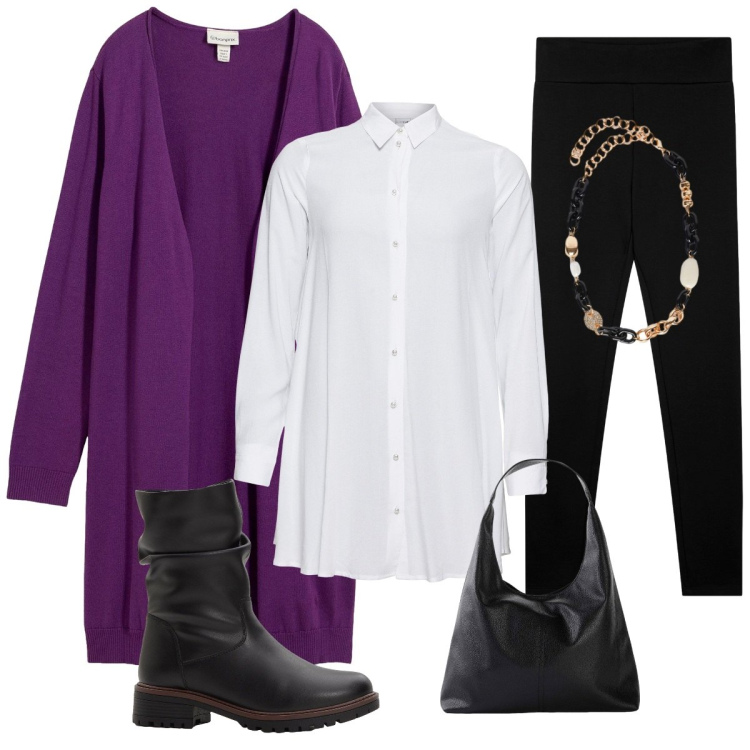 Outfit donna - Cardigan viola. Stile Casual per Tutti i giorni. Abbinamento con camicie, shopping bag, stivali, cardigans, leggings, collane.