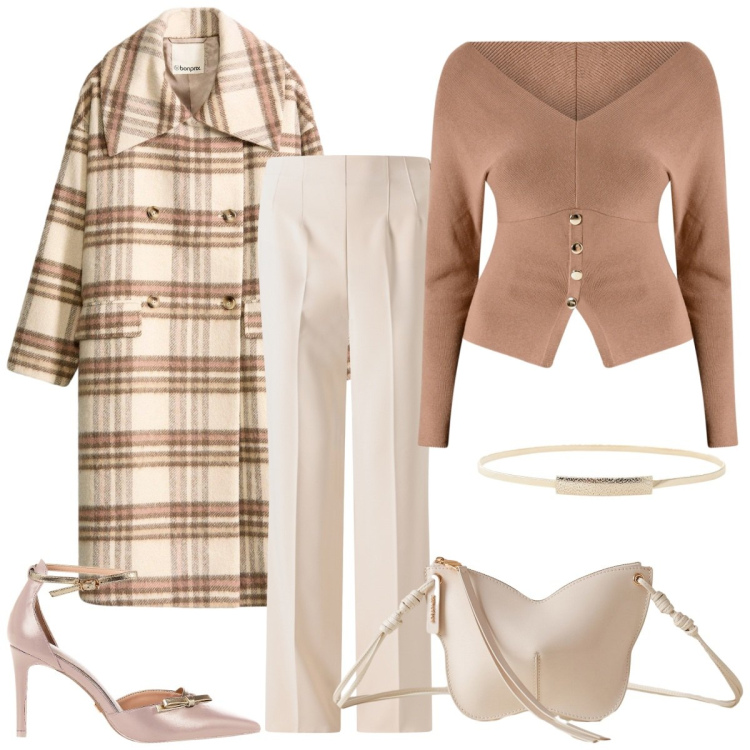 Outfit donna - Il capospalla a quadri. Stile Basic per Cerimonia. Abbinamento con cappotti, cinture, borse a tracolla, pantaloni a palazzo, décolleté, maglieria.