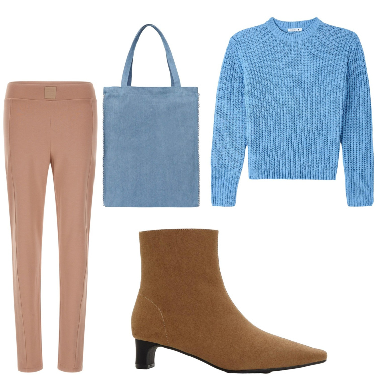Outfit donna - Beige e celeste. Stile Casual per Tutti i giorni. Abbinamento con stivaletti, maglieria, borse tote, pantaloni.