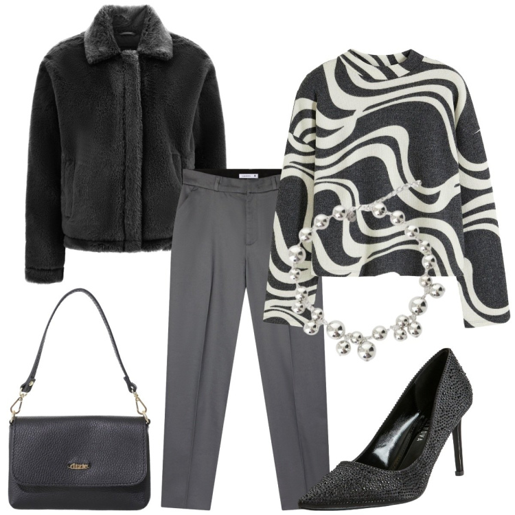 Outfit donna - Sfumature di grigio. Stile Basic per Serata fuori. Abbinamento con maglieria, pantaloni chino, décolleté, borse a tracolla, collane, cappotti.