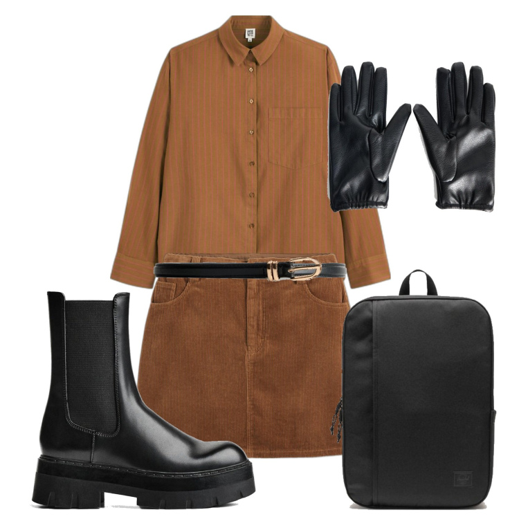 Outfit mujer - Minimal #2137. Estilo Minimal para Oficina. Combinación con camisas, mochilas, cinturones, minifaldas, guantes, botines.