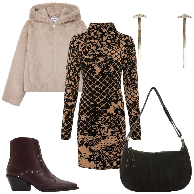 Outfit donna - Il pellicciotto. Stile Basic per Serata fuori. Abbinamento con vestiti, borse a mano, stivaletti texani, orecchini, ecopellicce.