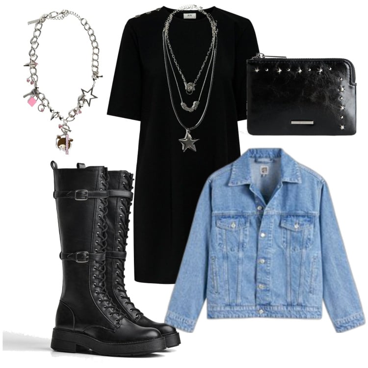 Outfit mujer - Rock #923. Estilo Rock para Todos los días. Combinación con botas, monederos, blazers, collares, collares, vestidos cortos.