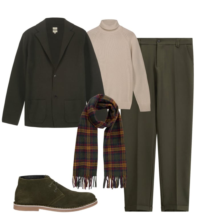 Outfit uomo - In ufficio. Stile Urban per Tutti i giorni. Abbinamento con pantaloni chino, stivali e stivaletti, giacche, sciarpe, pullovers.