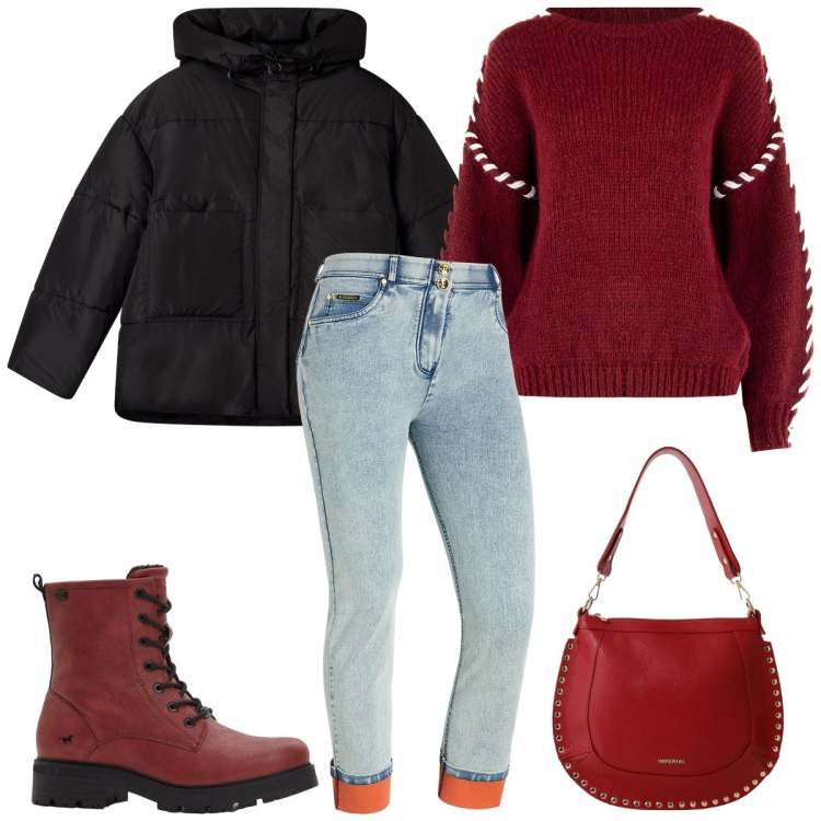 Outfit donna - Rosso in primo piano. Stile Basic per Tutti i giorni. Abbinamento con stivaletti, bomber, maglieria, borse a spalla, jeans dritti.