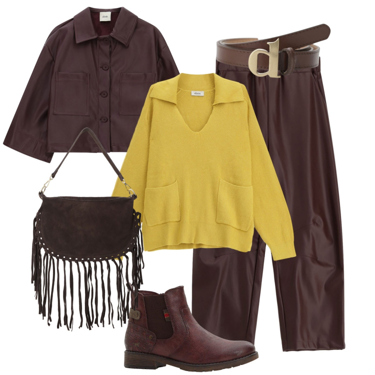 Outfit donna - La senape che illumina. Stile Urban per Tutti i giorni. Abbinamento con stivaletti chelsea, maglieria, pantaloni, blazer, borse a tracolla, cinture.