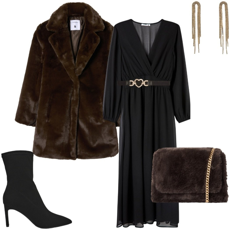 Outfit donna - Terranova mid season sale. Stile Chic per Serata fuori. Abbinamento con vestiti lunghi, cinture, orecchini, stivali, borse a tracolla, cappotti.