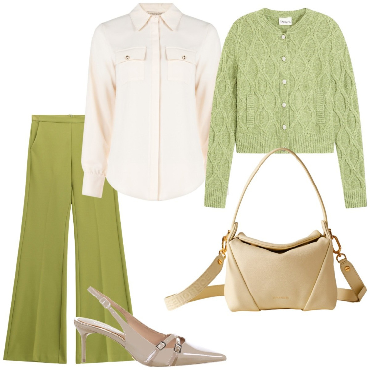 Outfit donna - Verde mela. Stile Basic per Ufficio. Abbinamento con cardigans, décolleté, camicie, pantaloni, borse a spalla.