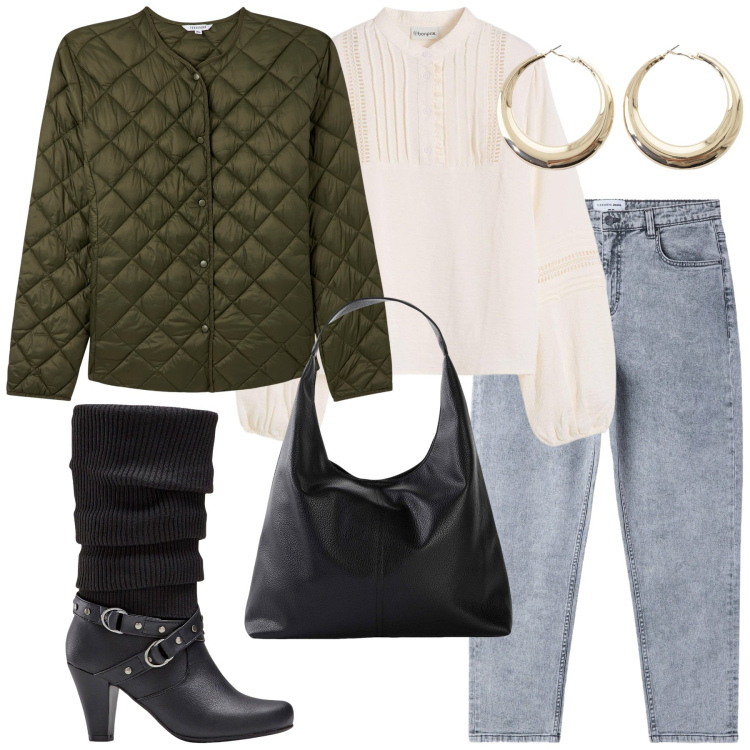 Outfit donna - Total look #2269184. Stile Minimal per Tutti i giorni. Abbinamento con stivali, shopping bag, bluse, jeans mom, piumini, orecchini.