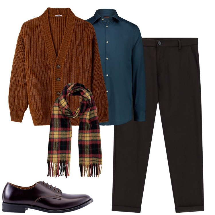 Outfit uomo - Ottobre. Stile Urban per Tutti i giorni. Abbinamento con cardigans, pantaloni, scarpe stringate, sciarpe, camicie.