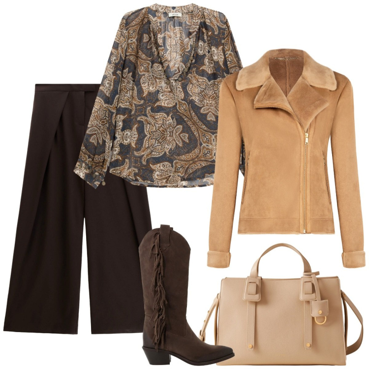 Outfit donna - Passeggiata. Stile Basic per Serata fuori. Abbinamento con giacche, pantaloni a palazzo, camicie, stivali, borse a mano.