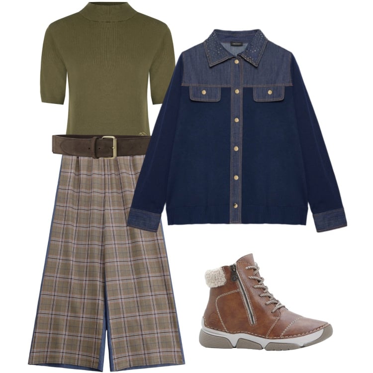 Outfit donna - Cardigan con inserti denim. Stile Trendy per Scuola/Università. Abbinamento con stivaletti, pantaloni a palazzo, cinture, pullovers, cardigans.