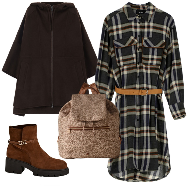 Outfit donna - Total look #2269190. Stile Urban per Tutti i giorni. Abbinamento con vestiti midi/longuette, cappotti, zaini, stivaletti.