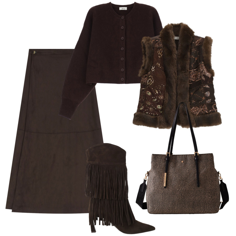 Outfit donna - Cioccolato fondente - @pamela. Stile Boho per Tutti i giorni. Abbinamento con gonne lunghe, gilet, stivali, cardigans, shopping bag.
