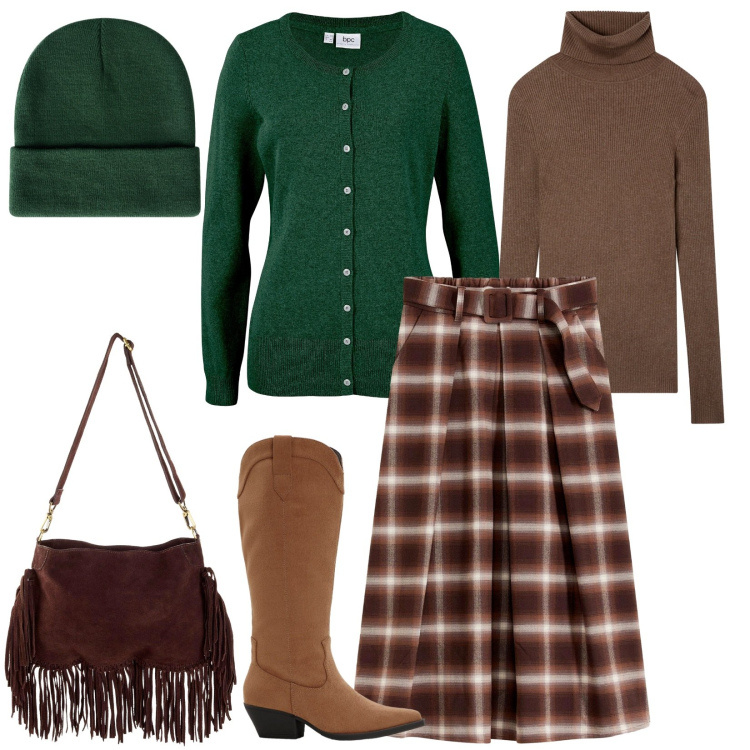 Outfit donna - Total look #2269192. Stile Boho per Tutti i giorni. Abbinamento con cardigans, gonne, stivali, borse a tracolla, maglieria, berretti.
