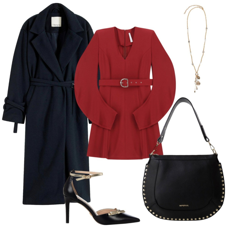 Outfit donna - L\'abito rosso. Stile Basic per Serata fuori. Abbinamento con cappotti, décolleté, vestiti corti, borse a spalla, ciondoli.