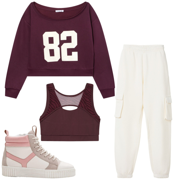 Outfit donna - Total look #2269196. Stile Sporty chic per Sport. Abbinamento con sneakers alte, pantaloni, felpe, top sportivi.