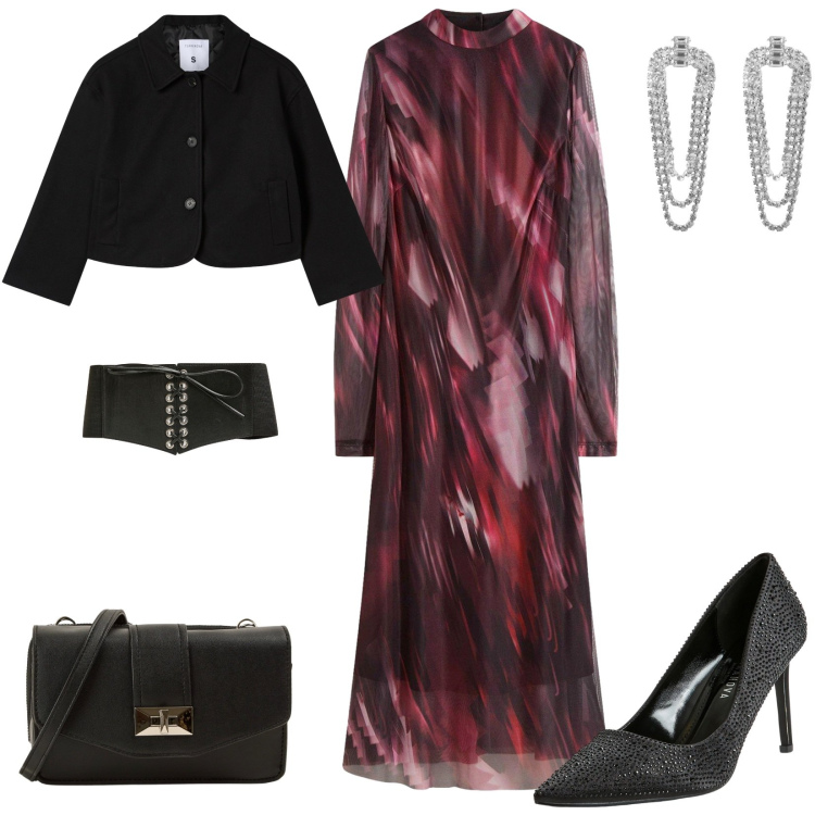 Outfit donna - Total look #2269202. Stile Glamour per Serata fuori. Abbinamento con vestiti midi/longuette, cinture, décolleté, orecchini, borse a tracolla, blazer.