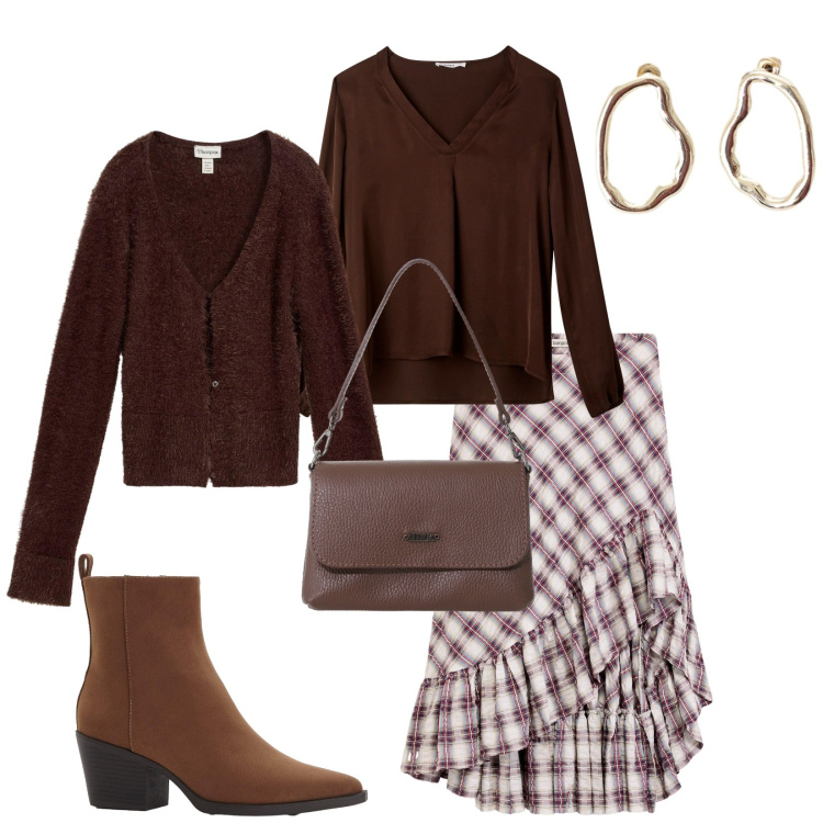 Outfit donna - Total look #2269211. Stile Casual chic per Tutti i giorni. Abbinamento con cardigans, stivaletti texani, gonne, bluse, borse a tracolla, orecchini.