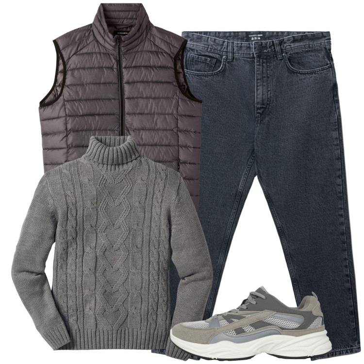 Outfit uomo - City. Stile Casual per Tutti i giorni. Abbinamento con maglieria, sneakers, jeans strappati, piumini.
