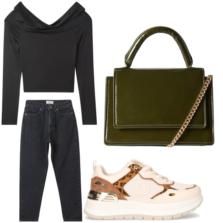Outfit donna - Aperitivo. Stile Trendy per Tutti i giorni. Abbinamento con jeans mom, t-shirt, borse a tracolla, sneakers.