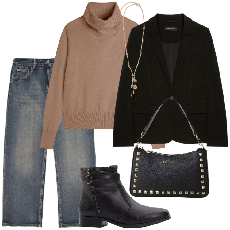 Outfit donna - Total look #2269220. Stile Urban per Ufficio. Abbinamento con stivaletti, pochette, maglieria, jeans, ciondoli, blazer.