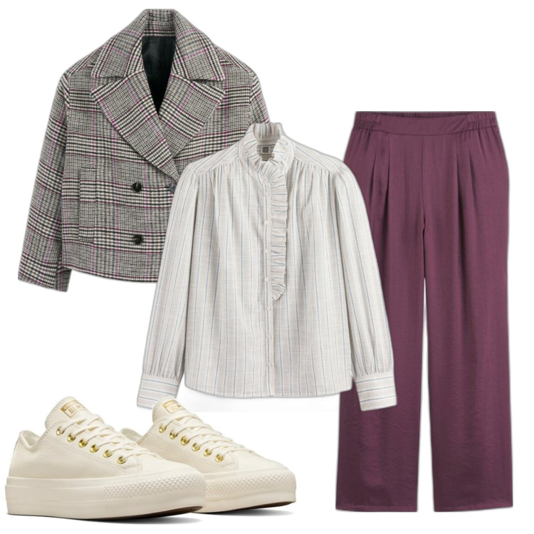 Outfit mujer - Preppy #722. Estilo Preppy para Oficina. Combinación con sneakers, pantalones, abrigos, camisas.