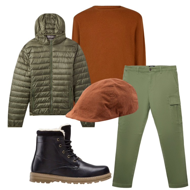 Outfit uomo - Total look #2269225. Stile Casual per Tutti i giorni. Abbinamento con stivali e stivaletti, piumini, pantaloni cargo, maglieria, cappelli con visiera.
