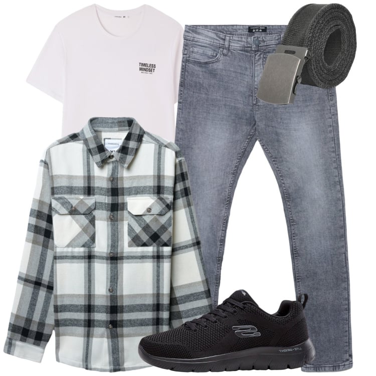 Outfit uomo - Ottobre. Stile Casual per Tutti i giorni. Abbinamento con sneakers, cinture, cappotti, jeans skinny, t-shirt.