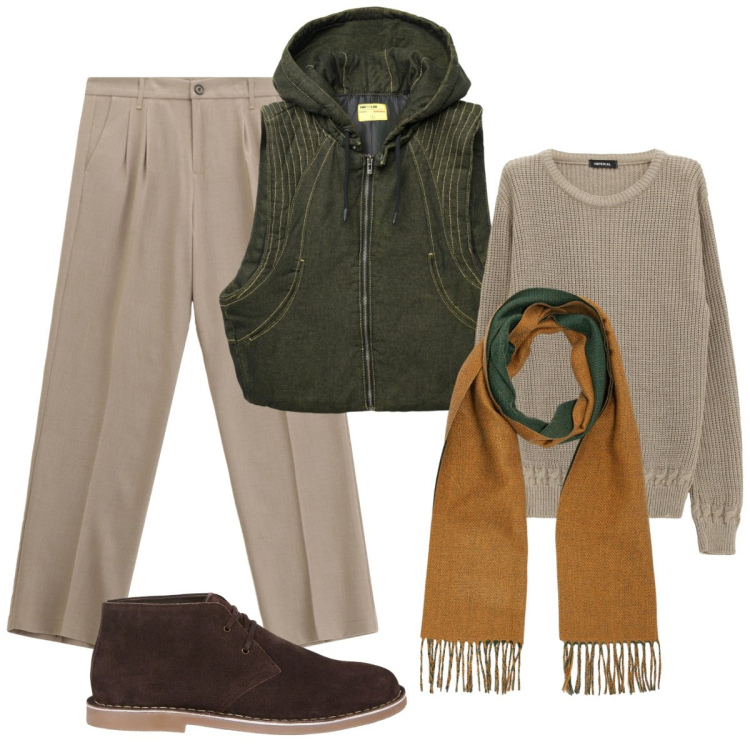 Outfit uomo - Total look #2269230. Stile Casual per Tutti i giorni. Abbinamento con gilet, pantaloni, maglieria, stivali e stivaletti, sciarpe.
