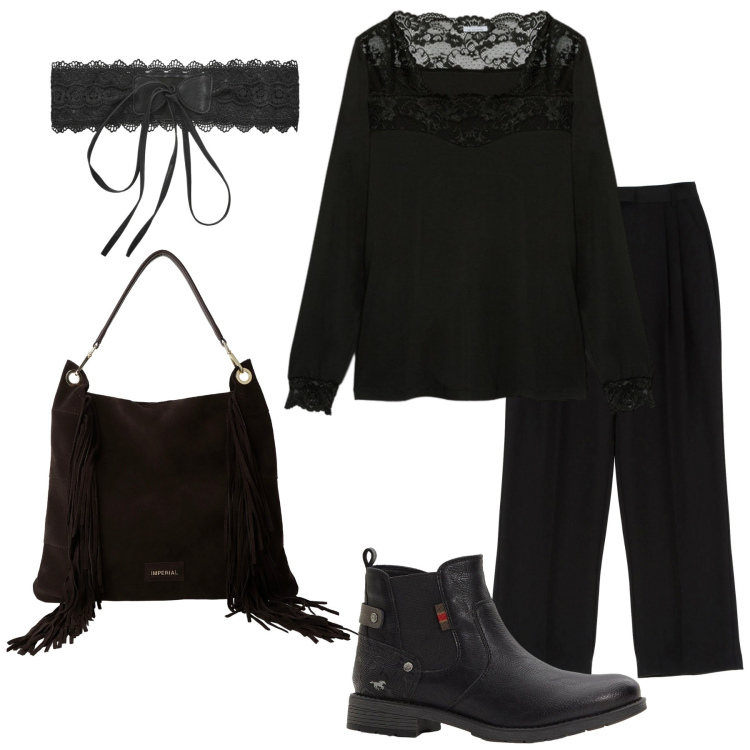 Outfit donna - Nero mistero. Stile Casual per Serata fuori. Abbinamento con stivaletti chelsea, cinture, borse a spalla, pantaloni, bluse.
