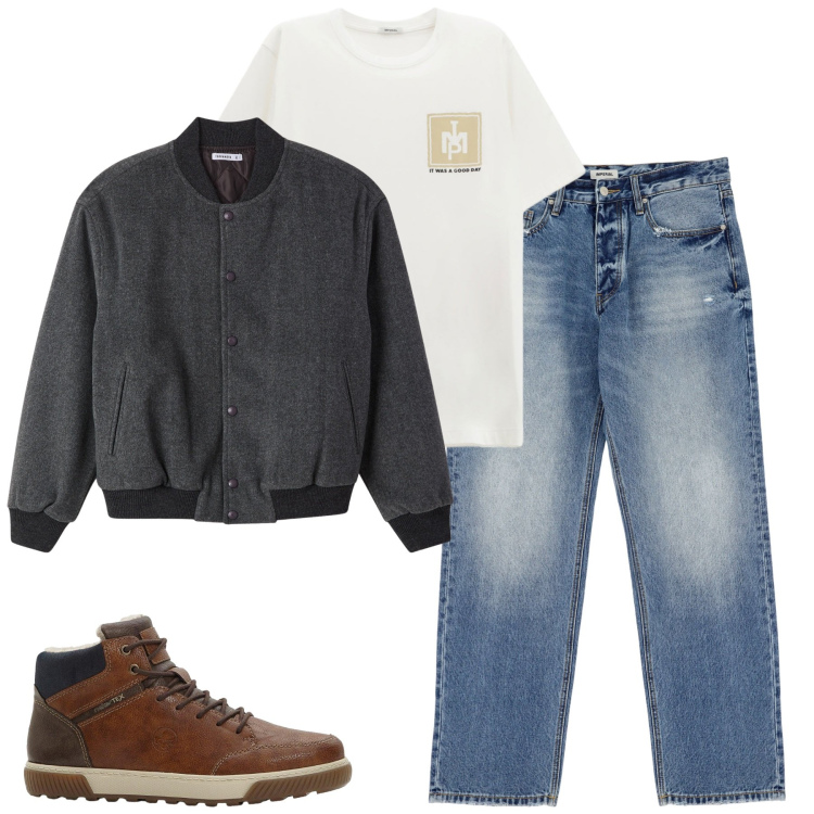 Outfit uomo - Total look #2269232. Stile Casual per Tutti i giorni. Abbinamento con sneakers alte, bomber, jeans, t-shirt.