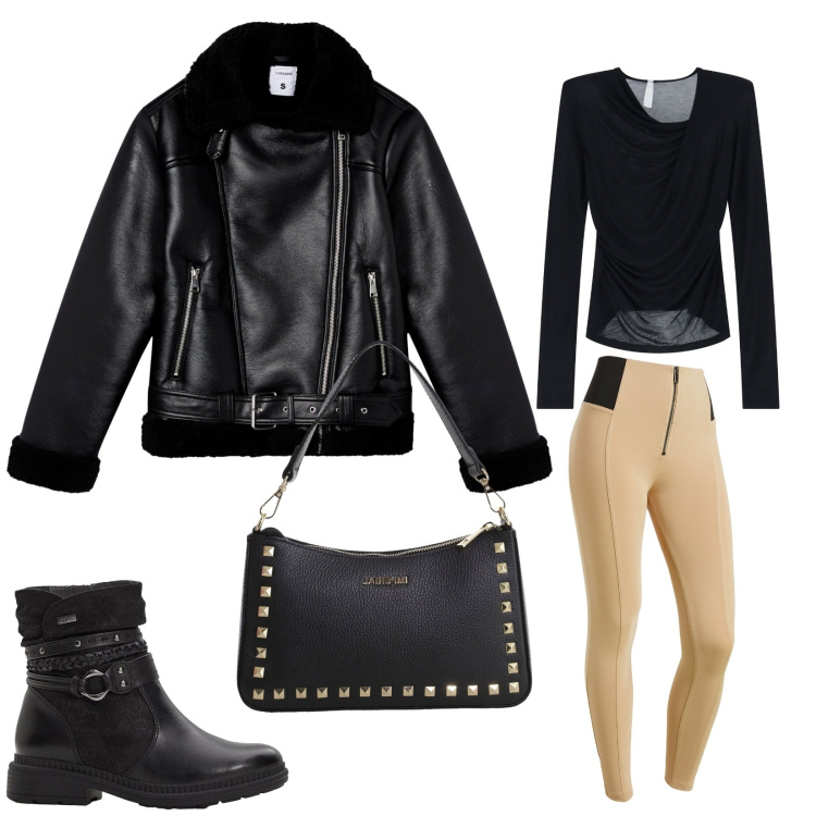 Outfit donna - Passeggiata a Livigno. Stile Casual per Tutti i giorni. Abbinamento con stivaletti, giacche, bluse, pochette, pantaloni skinny.