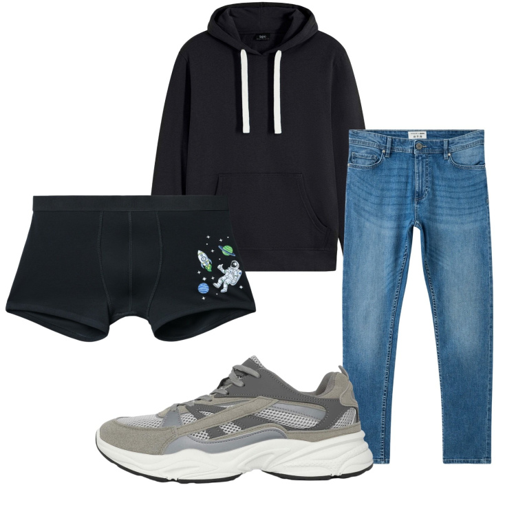 Outfit uomo - Total look #2269238. Stile Casual per Tutti i giorni. Abbinamento con felpe con cappuccio, jeans skinny, sneakers, boxer.