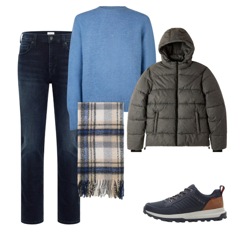 Outfit uomo - Total look #2269239. Stile Trendy per Tutti i giorni. Abbinamento con jeans slim fit, sneakers, bomber, sciarpe, maglieria.