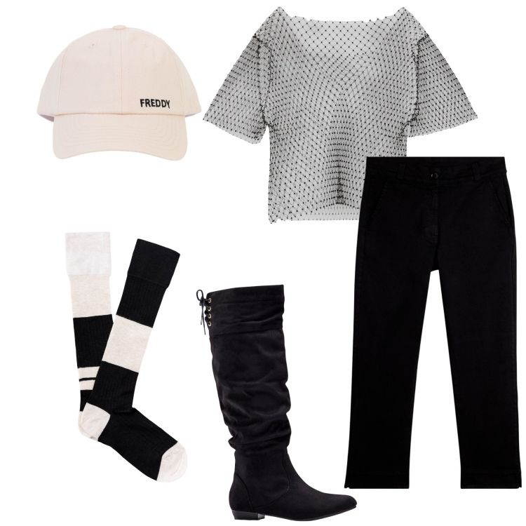 Outfit donna - A modo mio. Stile Sporty chic per Tutti i giorni. Abbinamento con stivali, t-shirt, pantaloni, cappelli con visiera, calzini.