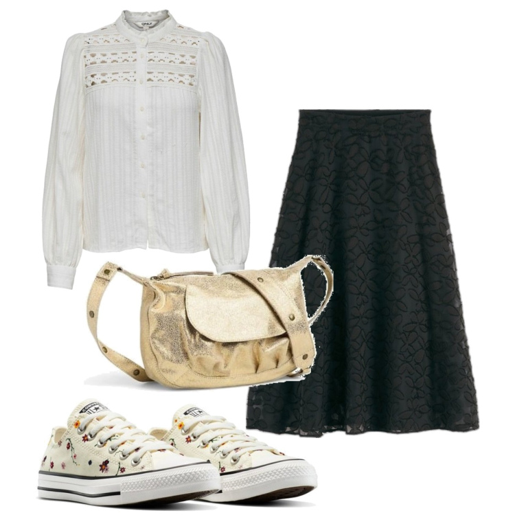 Outfit mujer - Bon Ton #6039. Estilo Bon Ton para Todos los días. Combinación con blusas, sneakers, faldas, bolsos de hombro.