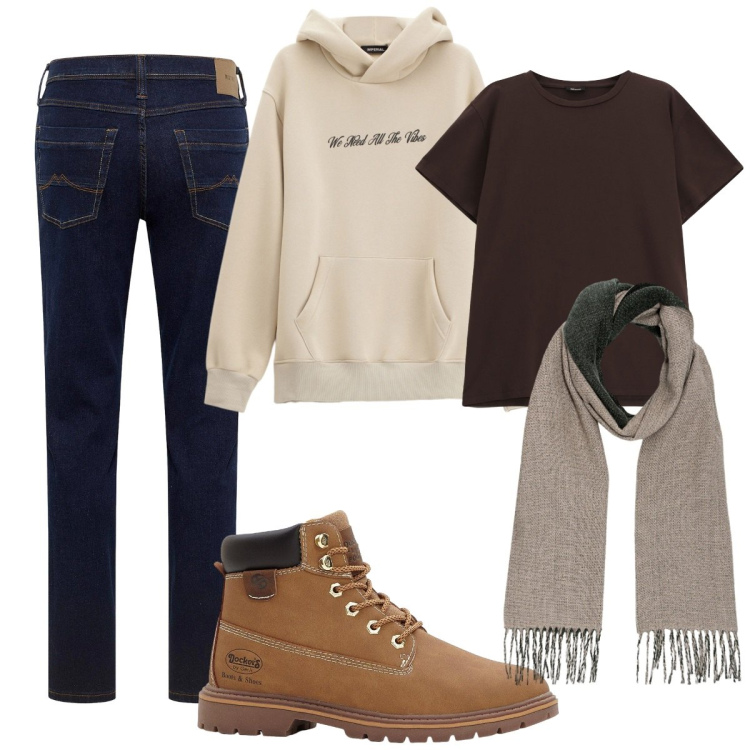 Outfit uomo - Total look #2269251. Stile Trendy per Ufficio. Abbinamento con jeans dritti, stivali e stivaletti, felpe con cappuccio, t-shirt, sciarpe.