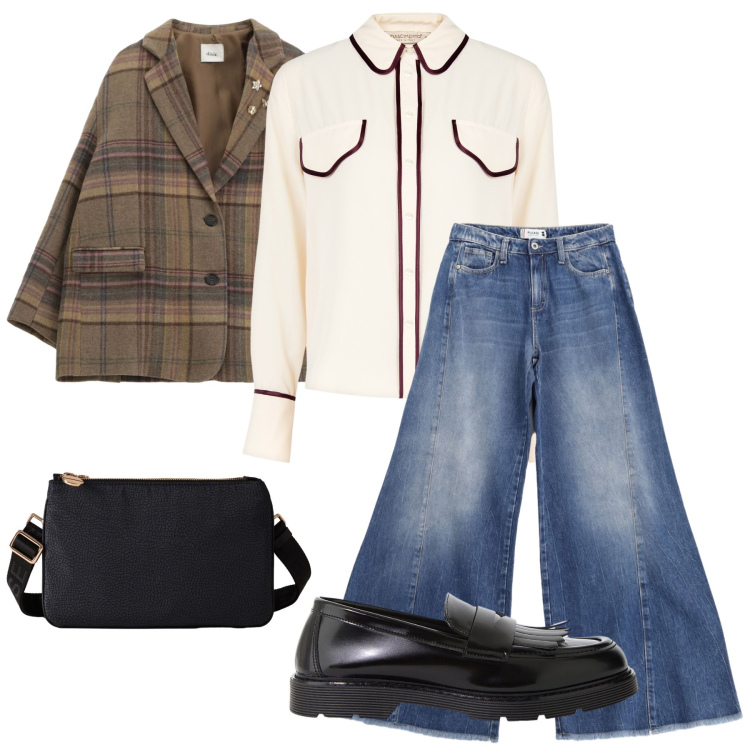 Outfit donna - Mannish a scuola. Stile Mannish per Scuola/Università. Abbinamento con jeans a zampa, blazer, mocassini, borse a tracolla, camicie.